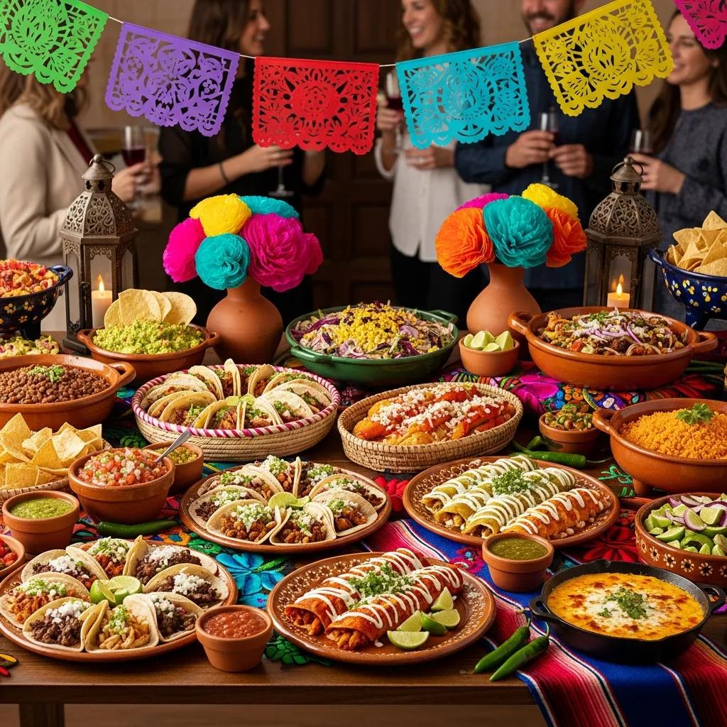 Authentic Mexican catering setup with colorful dishes and festive decorations