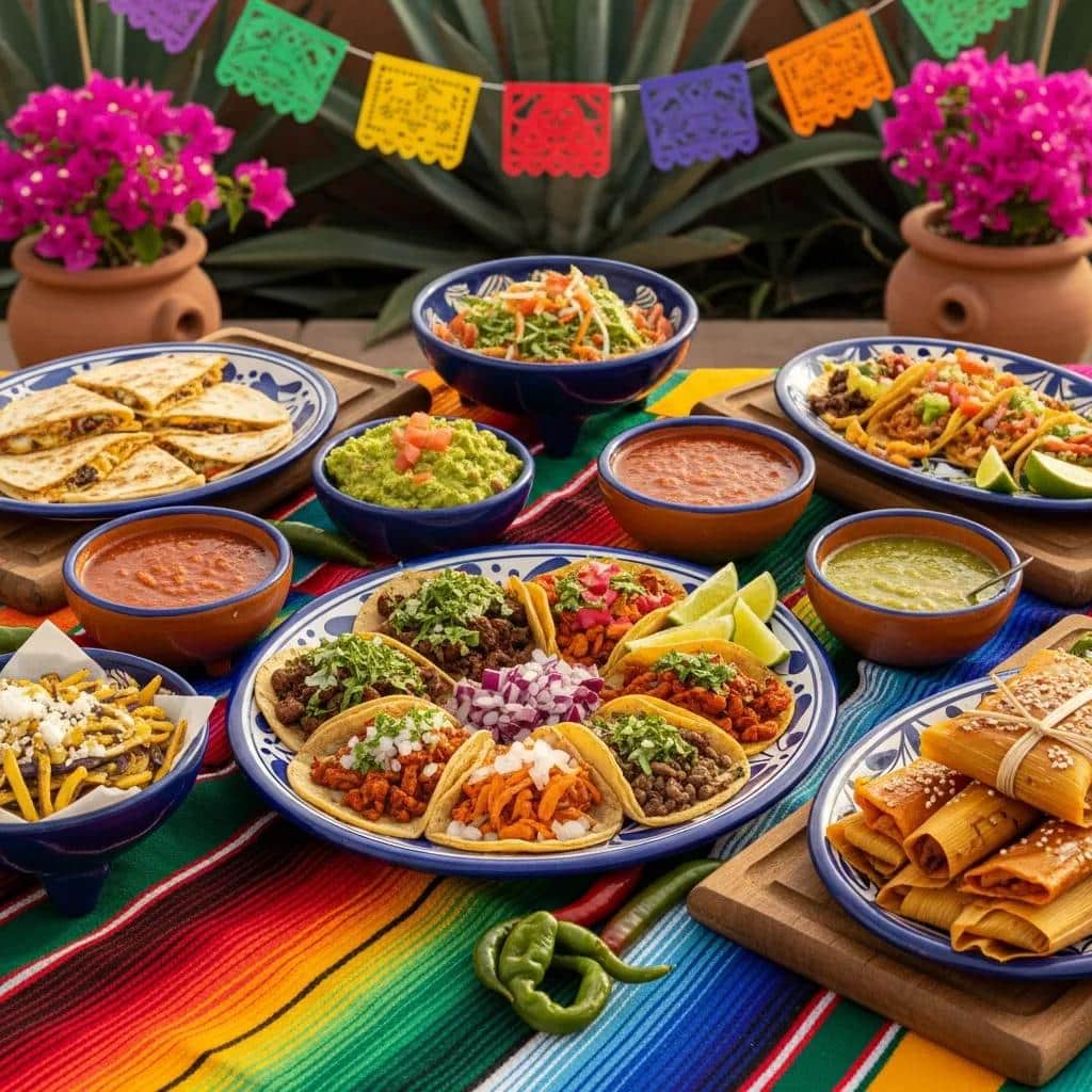 Authentic Mexican catering spread featuring tacos, guacamole, and salsas in a festive setting