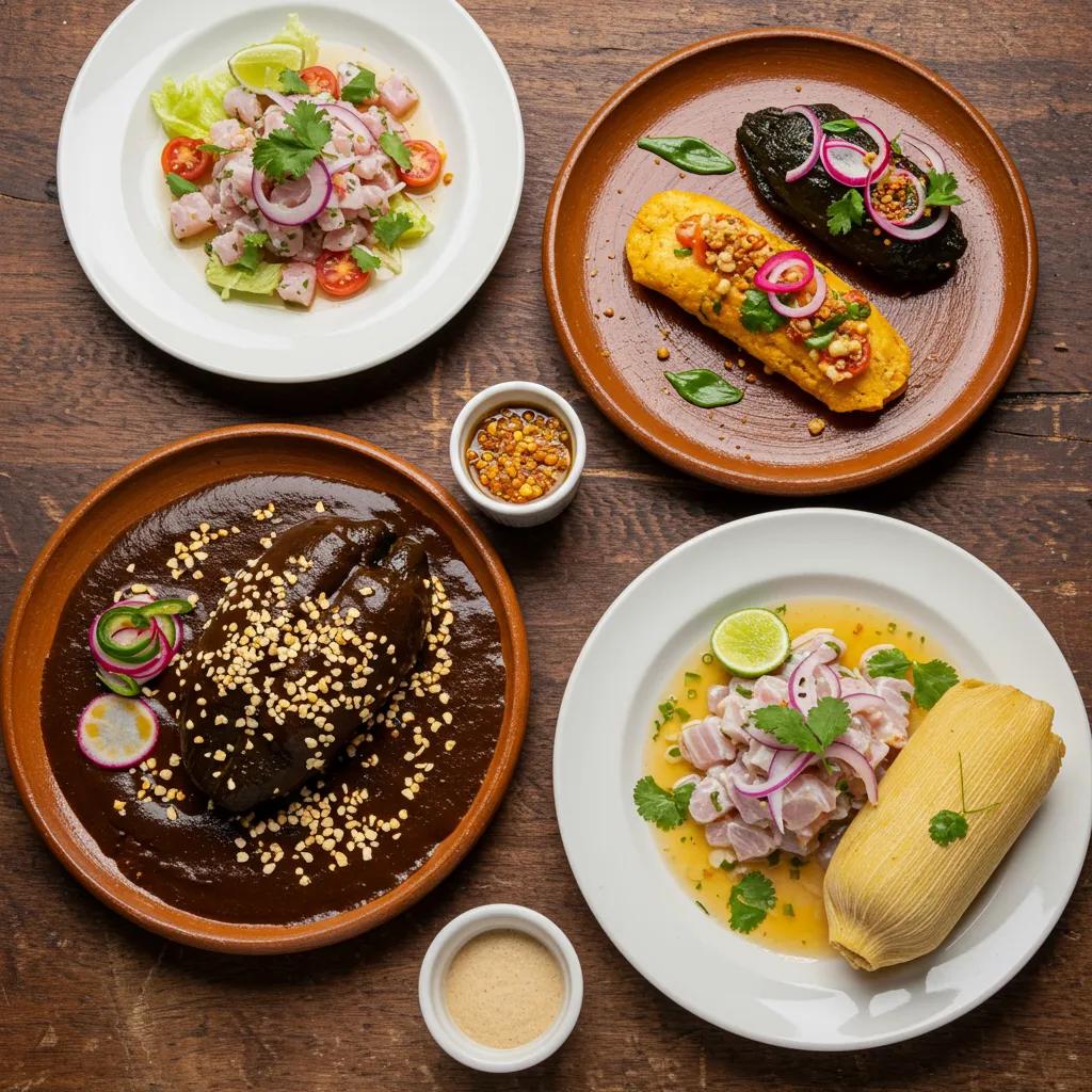 An artfully presented selection of mole poblano, ceviche, and tamales, plated with garnishes in a rustic setting