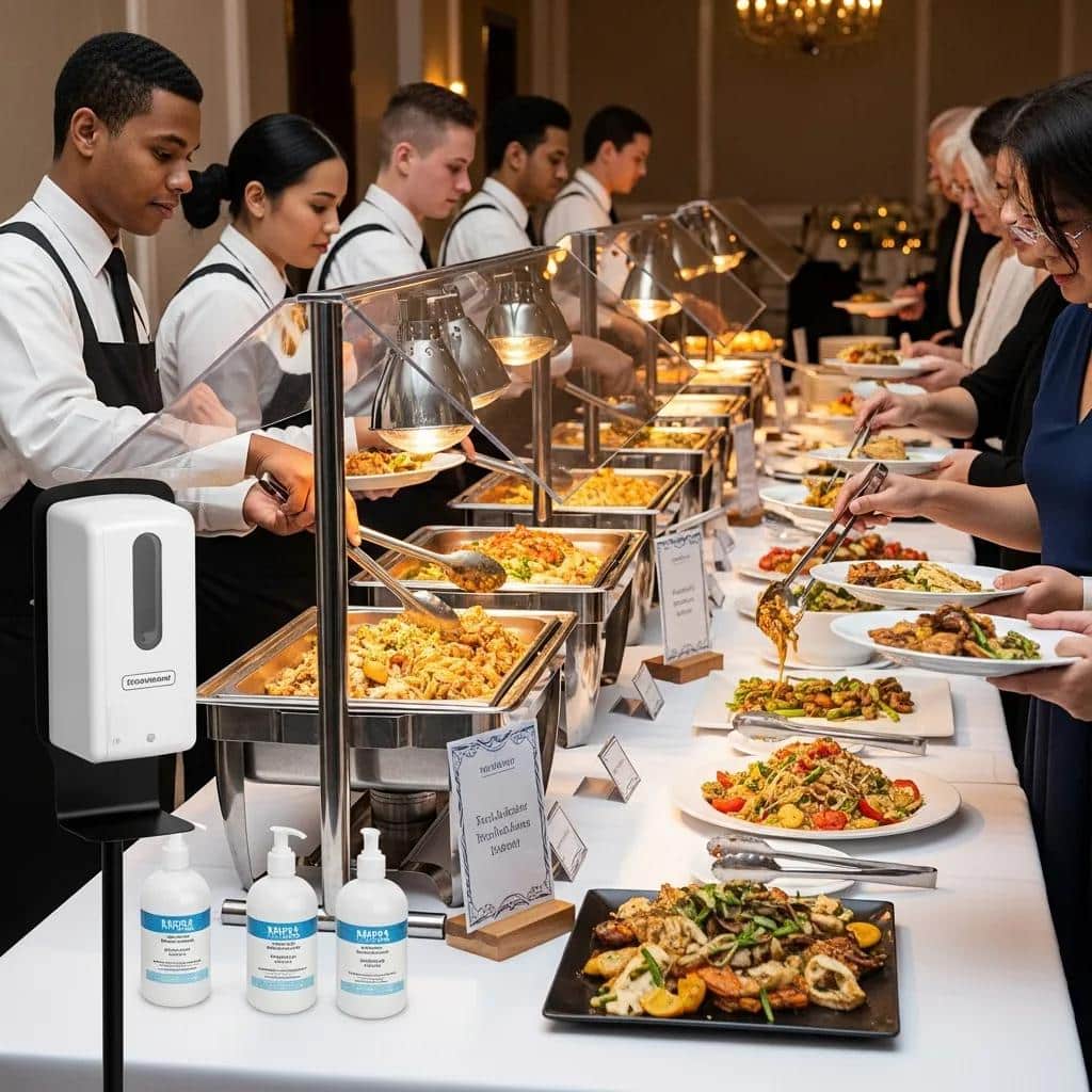 Buffet line with sneeze guards and staff serving dishes to keep food safe during events