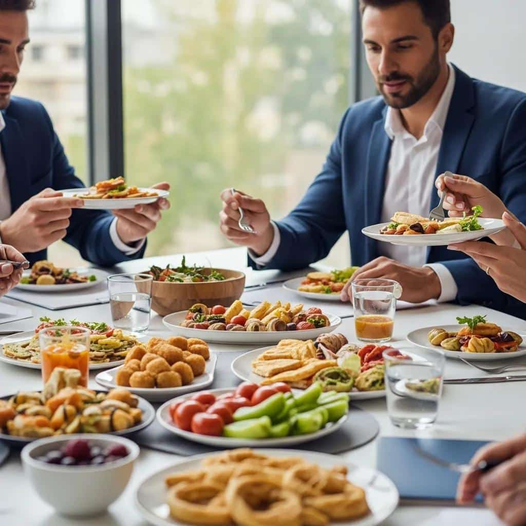 Team meeting with a catered Mexican lunch — vegan and gluten-free options clearly labeled