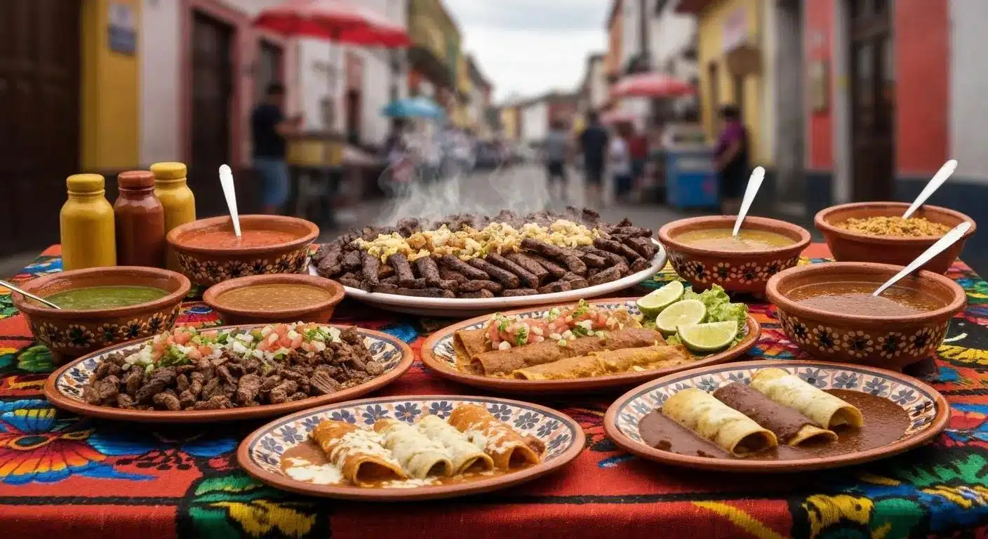 Colorful table setting with authentic Mexican dishes showcasing Esmeralda's culinary offerings