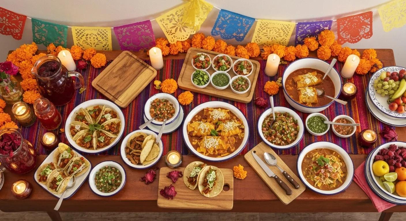 A beautifully arranged catering spread for a family gathering, showcasing various Mexican dishes