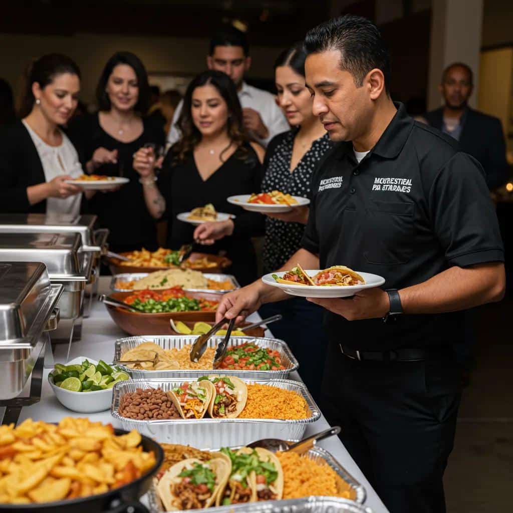 Event caterer arranging a Mexican food buffet while guests enjoy the spread
