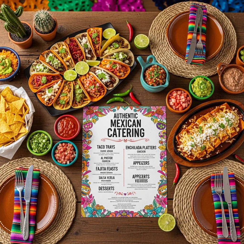 Catering menu showcasing Mexican dishes like taco trays and enchilada platters
