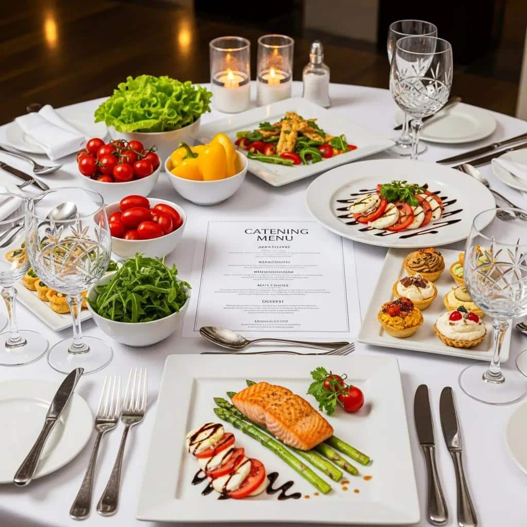 Catering menu display with fresh ingredients and plated dishes for corporate events