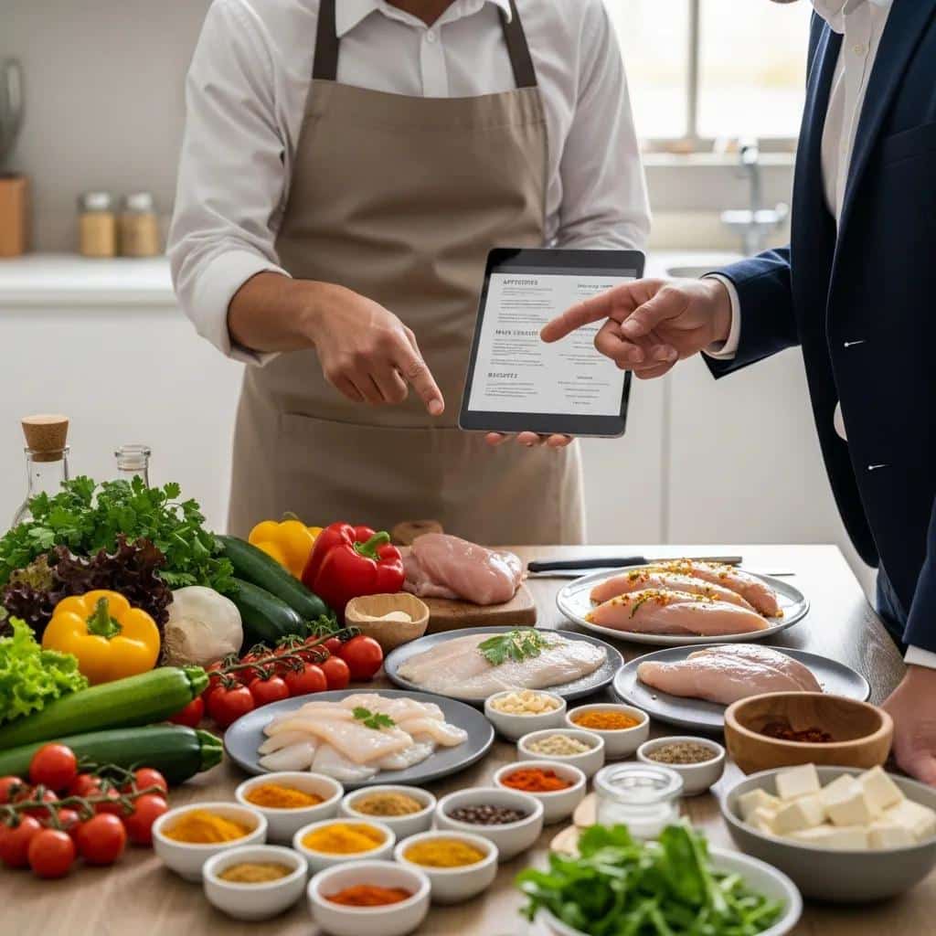 Our catering team planning menu details with fresh ingredients for a corporate event
