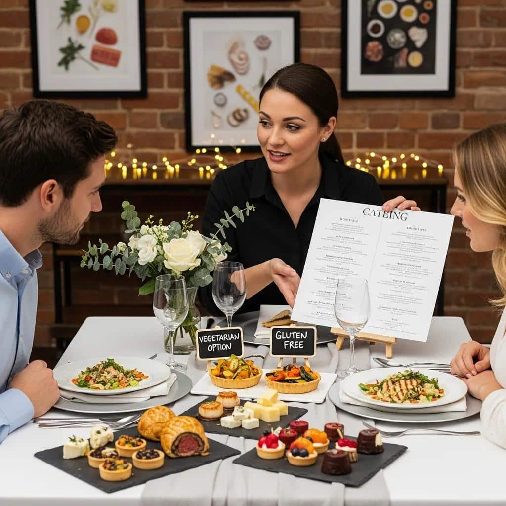 Catering staff reviewing menu options with clients for a wedding