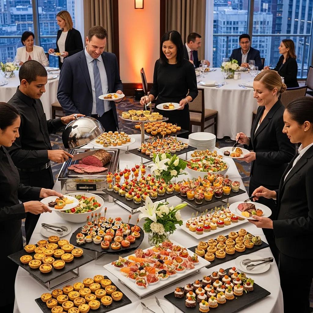 Catering setup for a business event featuring diverse dishes and professional service