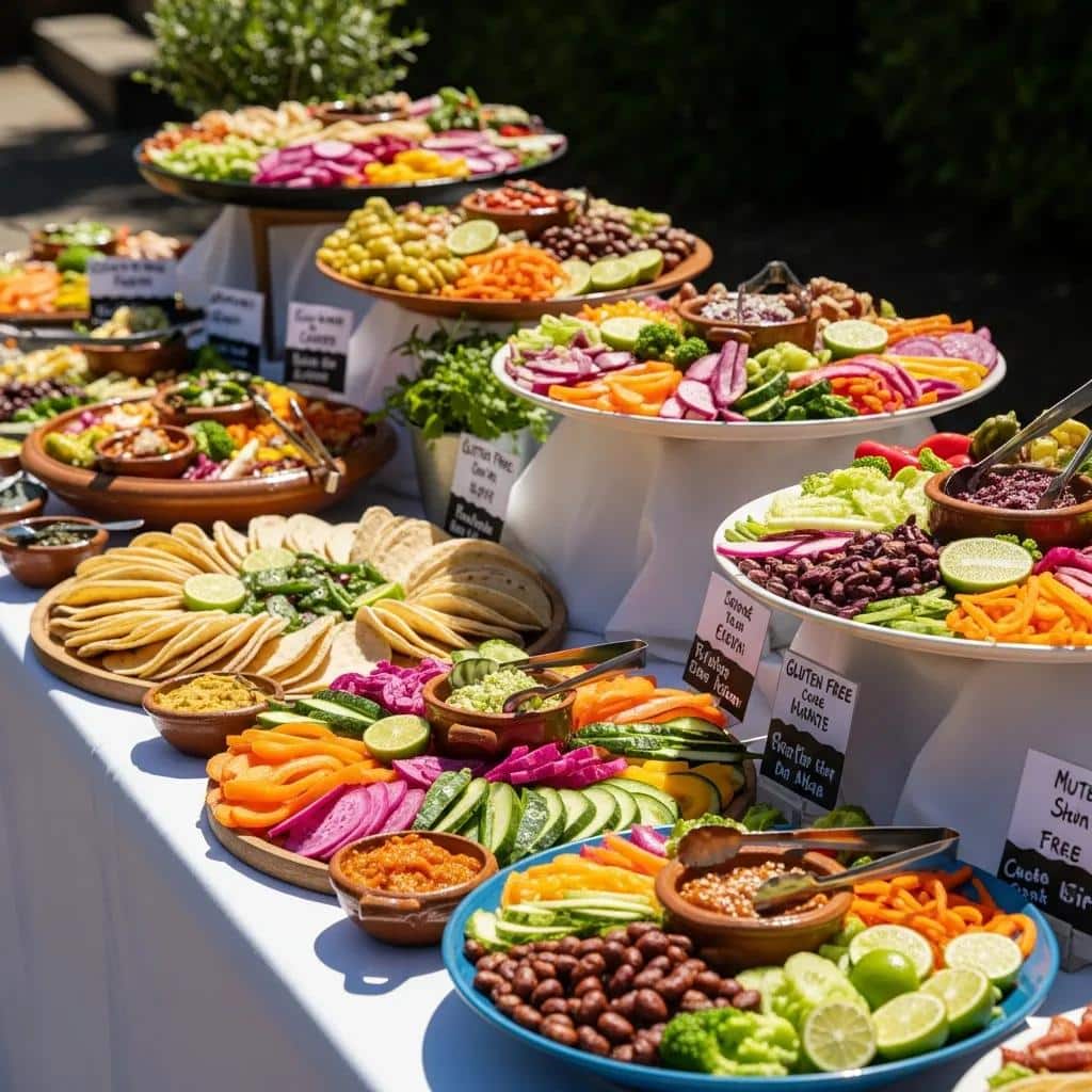 Catering table with diverse Mexican dishes accommodating dietary restrictions, including gluten-free and vegan options