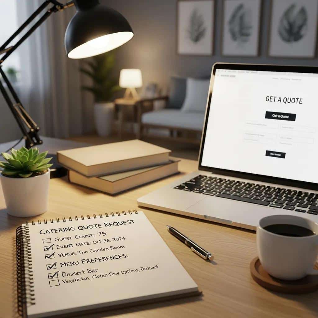 Checklist for catering quote request with event details in a cozy home office