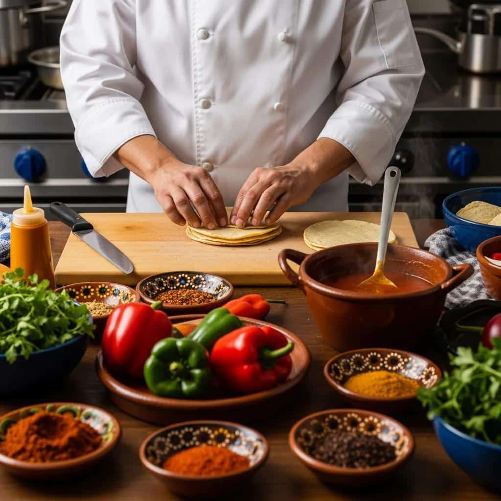 Chef making traditional Mexican dishes with fresh ingredients