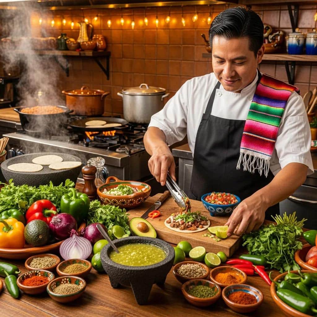 Chef preparing Mexican dishes with fresh ingredients in a warm kitchen
