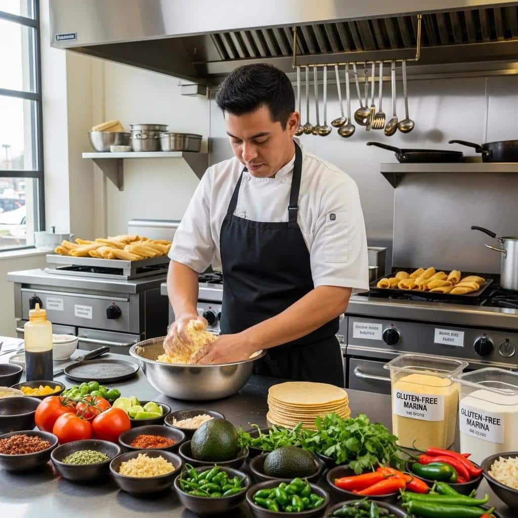 Chef preparing gluten-free Mexican dishes using certified masa harina and fresh produce