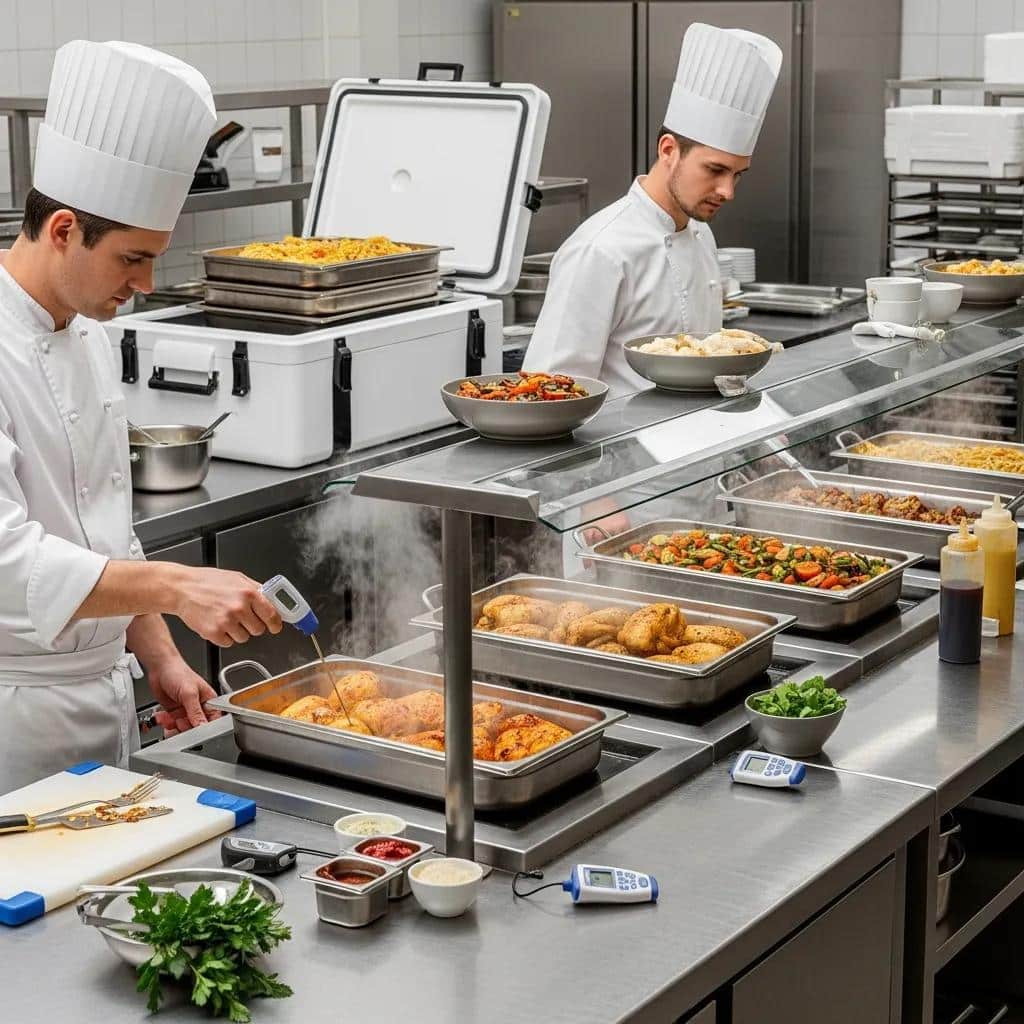 Caterers checking food temperatures with thermometers during prep to maintain safe holding temperatures