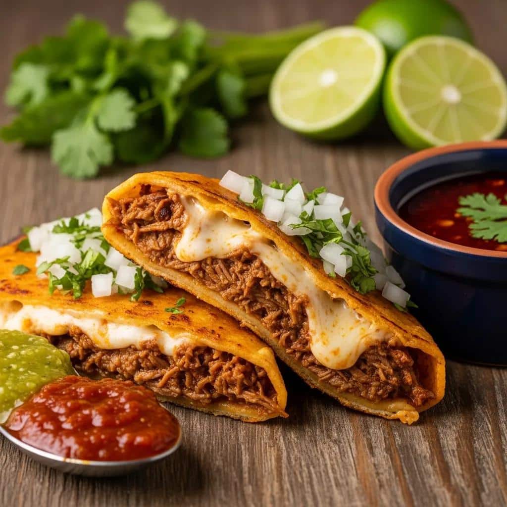 Close-up of Quesa Birria Tacos with vibrant salsas and fresh ingredients