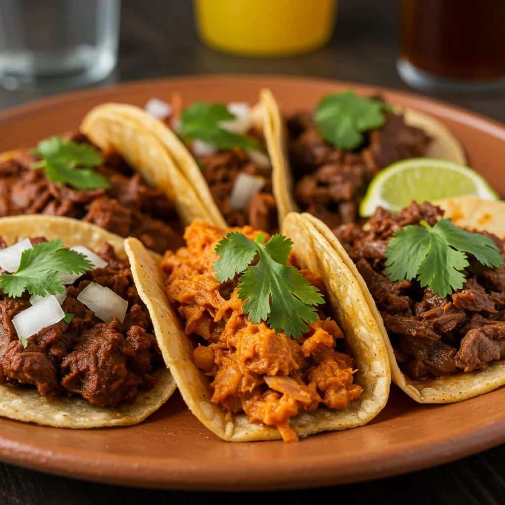 Close-up of Quesa Birria and Al Pastor tacos with vibrant garnishes, showing authentic presentation