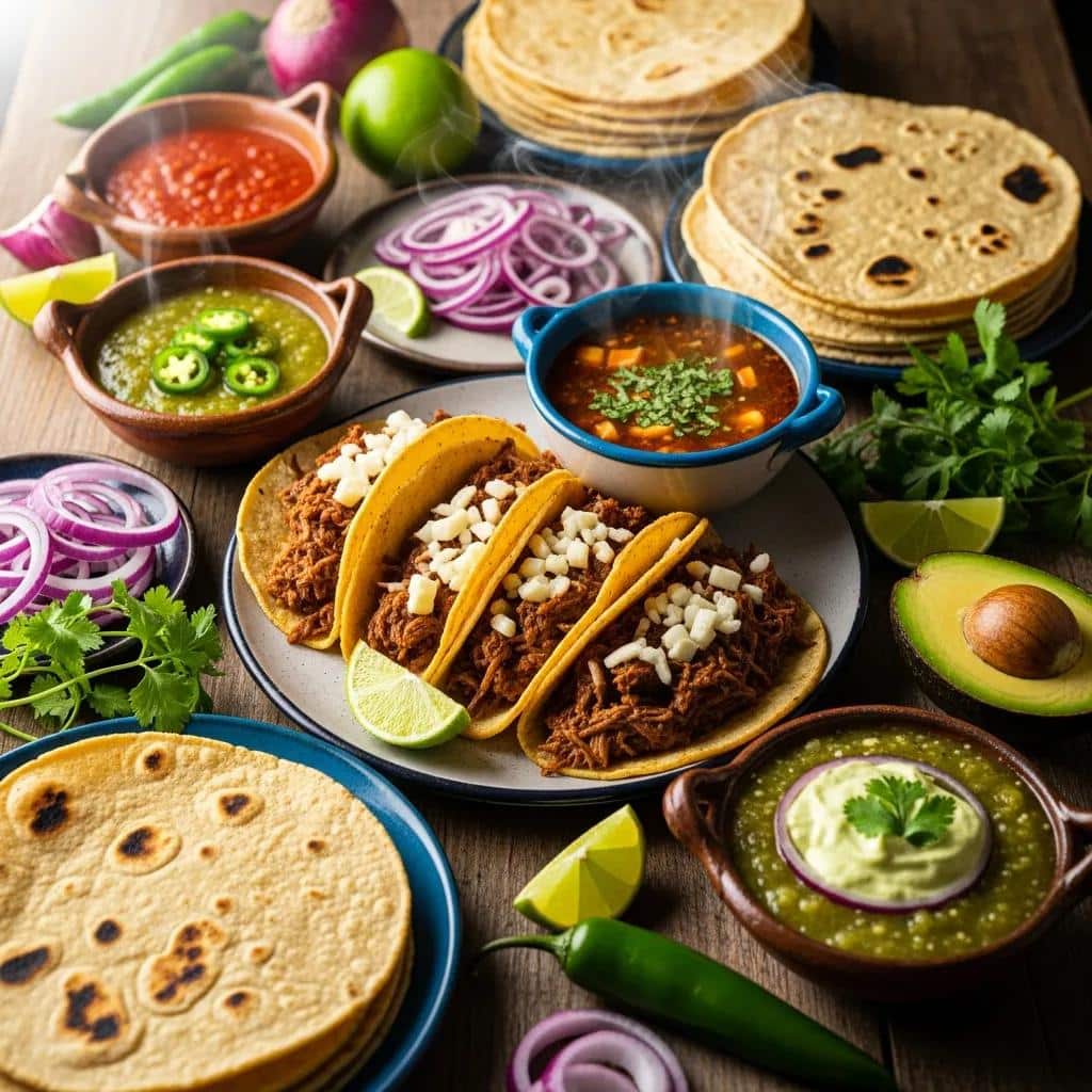 Close-up of signature Mexican dishes including quesabirria and hand-pressed tortillas