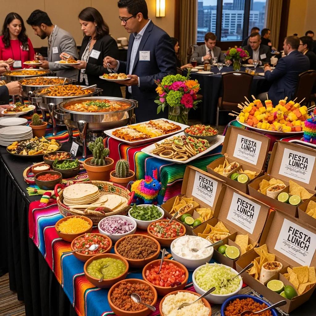 Colorful conference catering setup with authentic Mexican dishes in a professional setting
