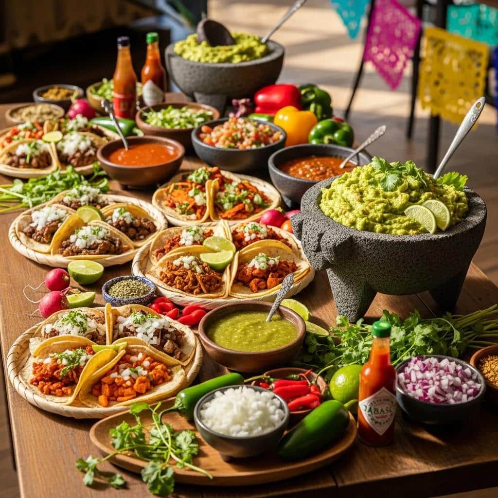 Colorful display of fresh Mexican dishes including tacos, salsas, and guacamole, showcasing vibrant ingredients for event catering