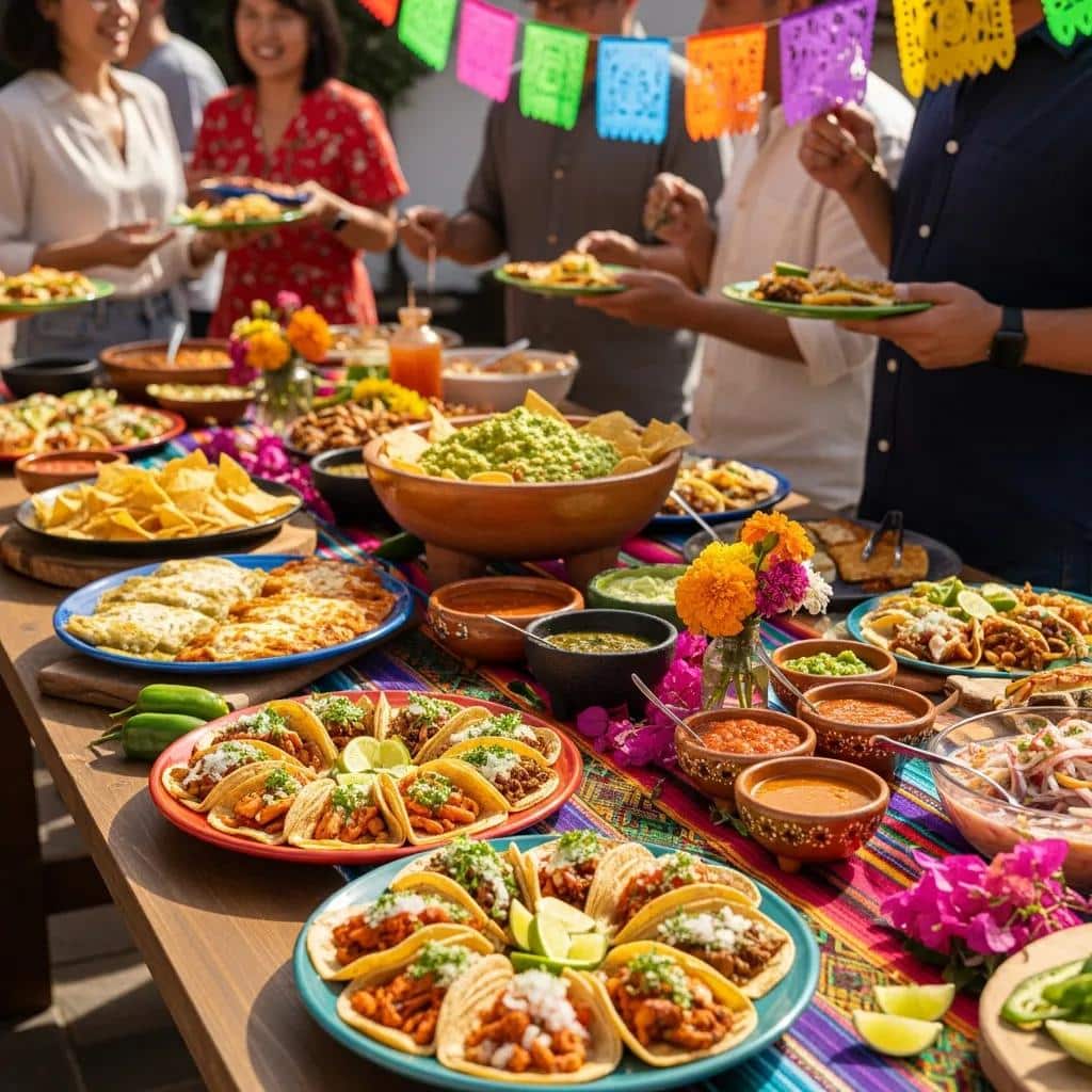 Colorful Mexican catering setup with tacos and enchiladas at a festive outdoor event