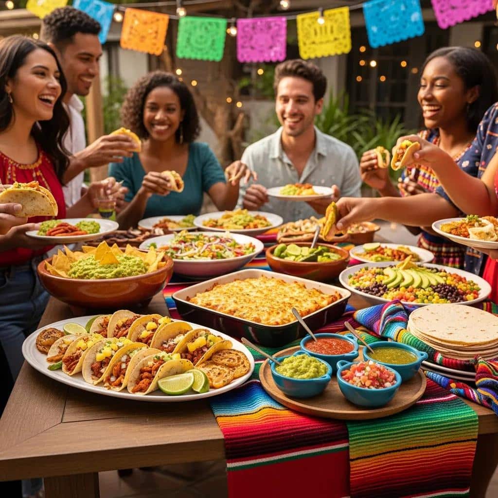 Colorful Mexican catering setup with tacos and enchiladas in a festive atmosphere