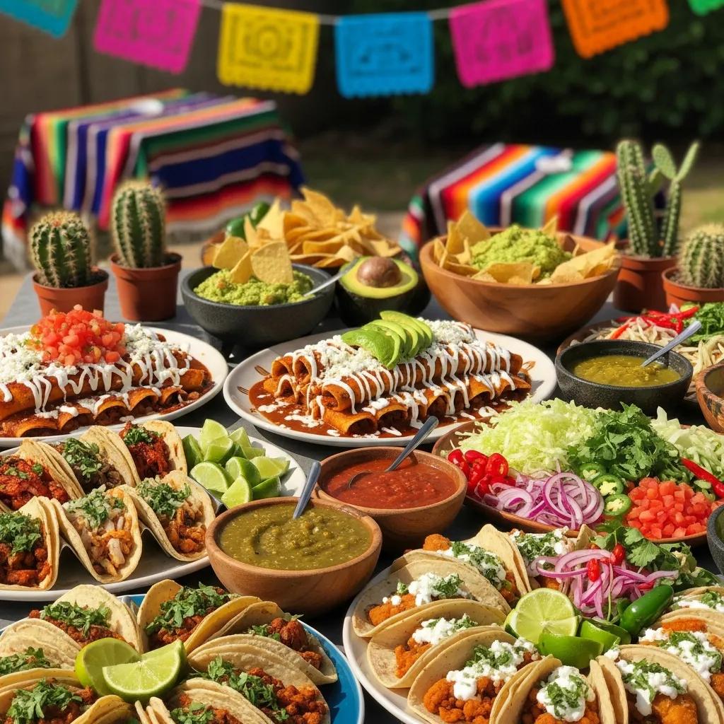 Colorful Mexican catering setup with tacos and enchiladas showcasing local ingredients