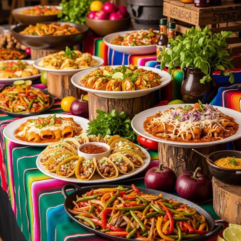 Colorful Mexican catering setup with tacos, enchiladas, and fajitas for large events in Eureka CA