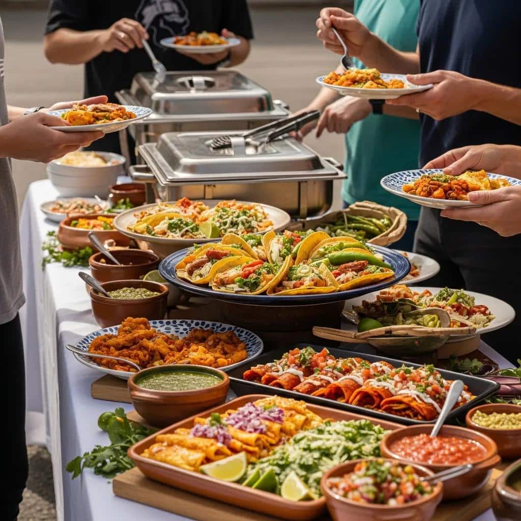 Colorful Mexican catering spread with tacos and enchiladas at a local event in Eureka CA