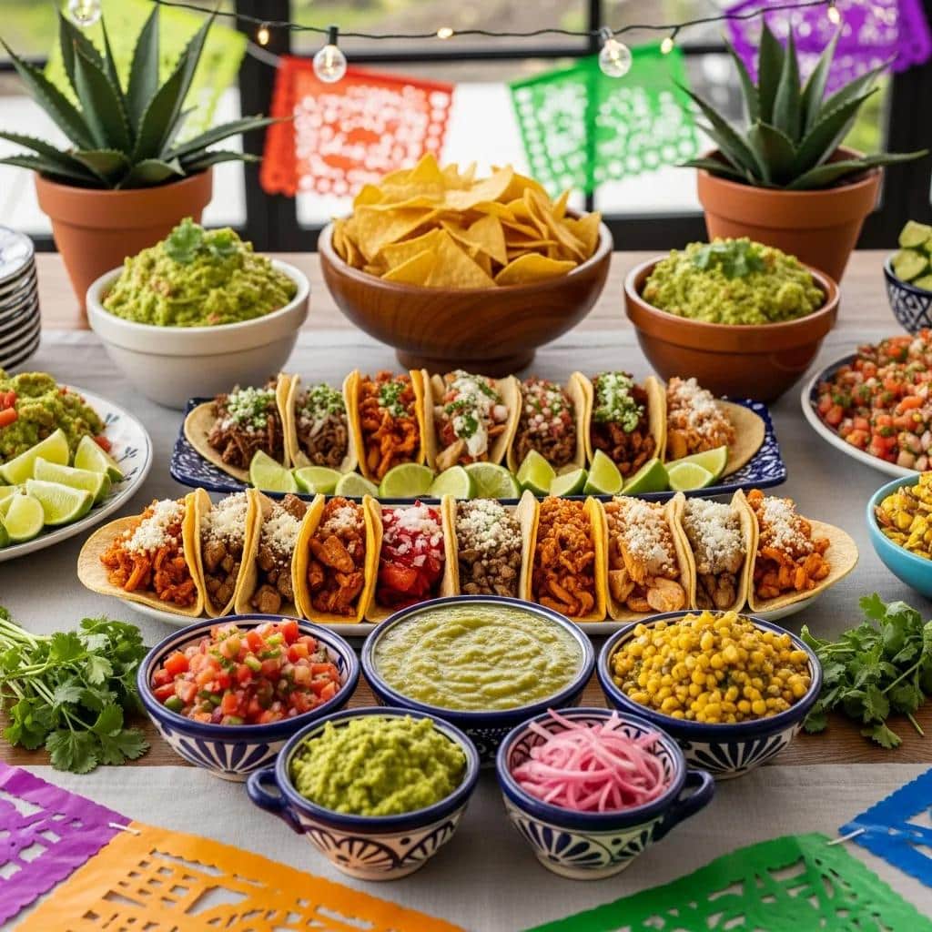 Colorful Mexican catering spread with tacos and salsas in a festive event setting