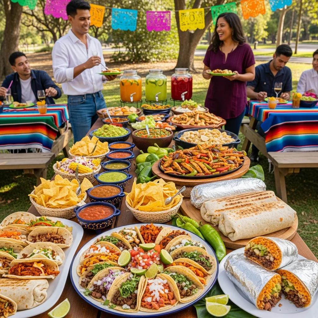 Colorful Mexican catering spread with tacos, burritos, and salsas at a festive outdoor event