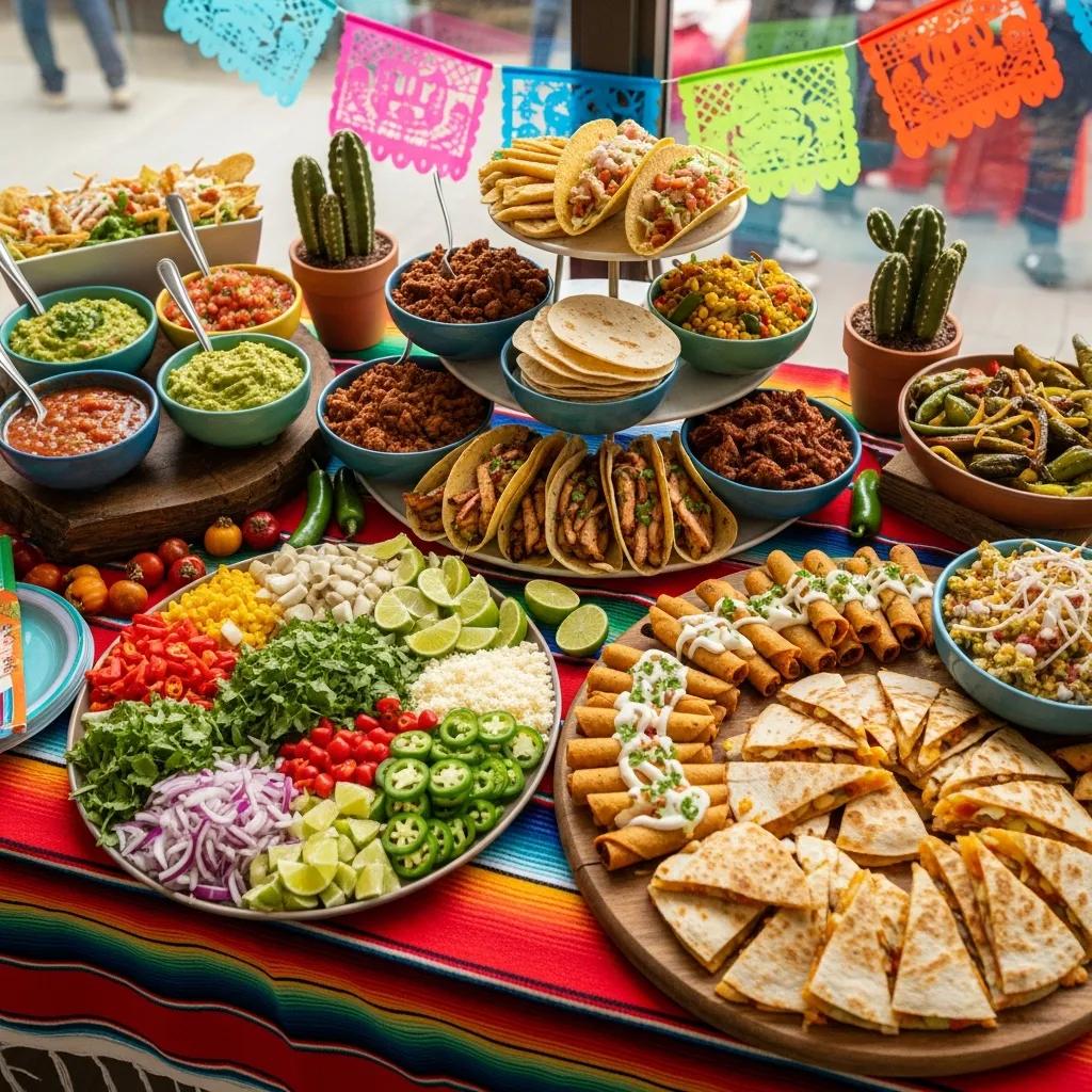 Colorful Mexican catering spread with tacos, salsas, and fresh ingredients in a festive setting
