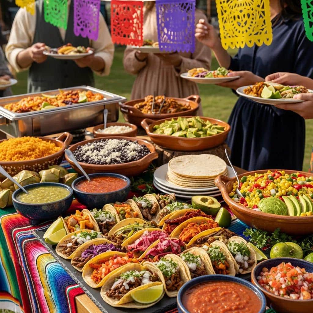 Colorful Mexican catering spread with tacos, salsas, and sides at a festive outdoor event