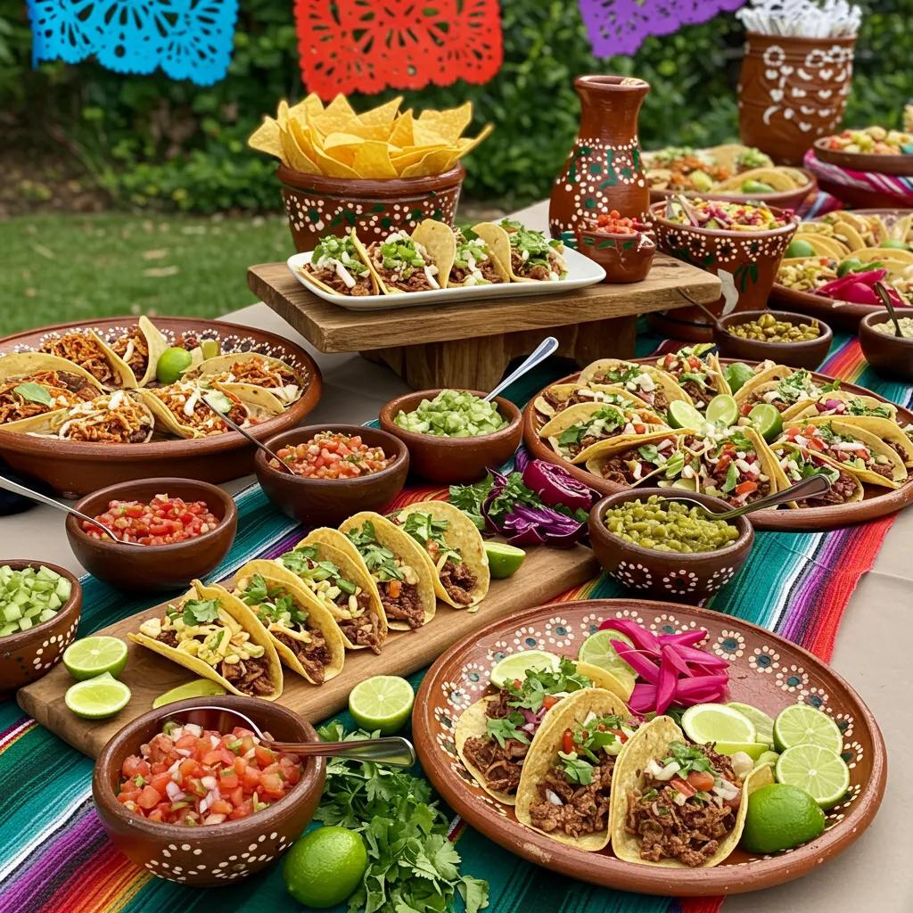 Colorful Mexican food catering setup with tacos, salsas, and festive decorations
