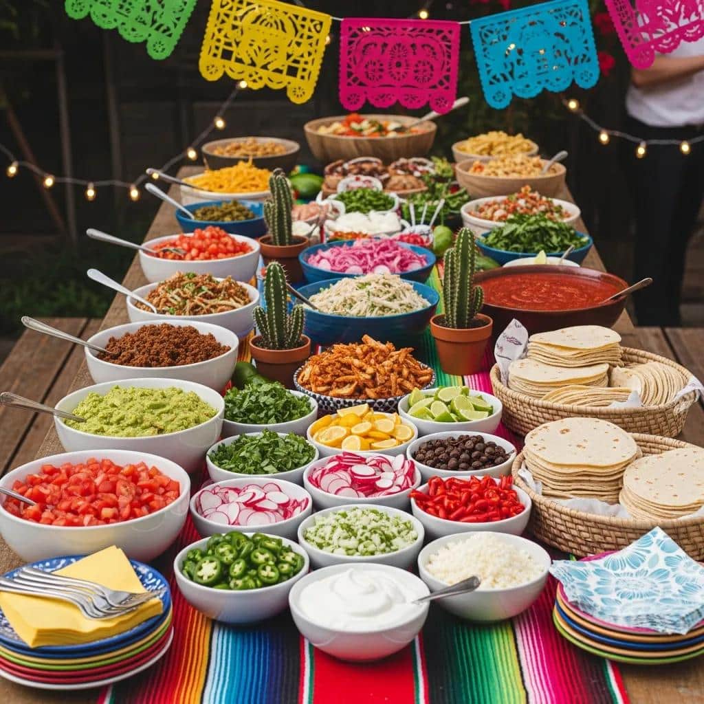 Colorful taco bar setup with fresh ingredients and festive decorations for budget catering in Eureka CA