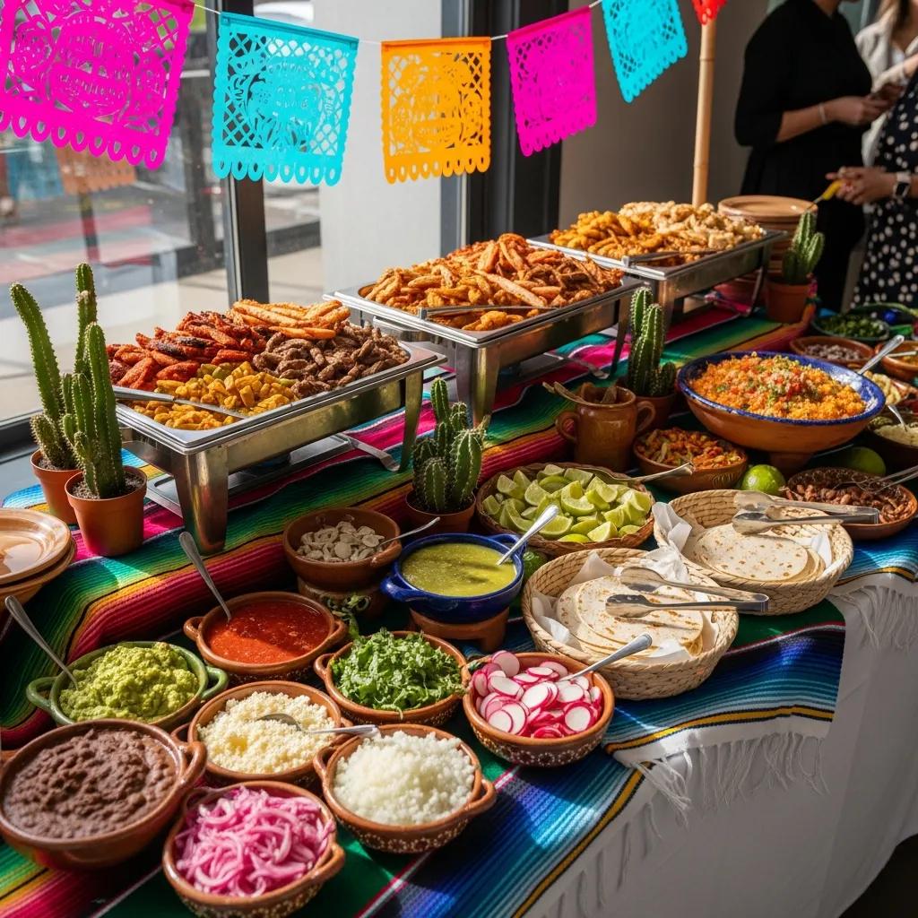 Colorful taco bar setup with fresh ingredients and traditional Mexican decor for event catering