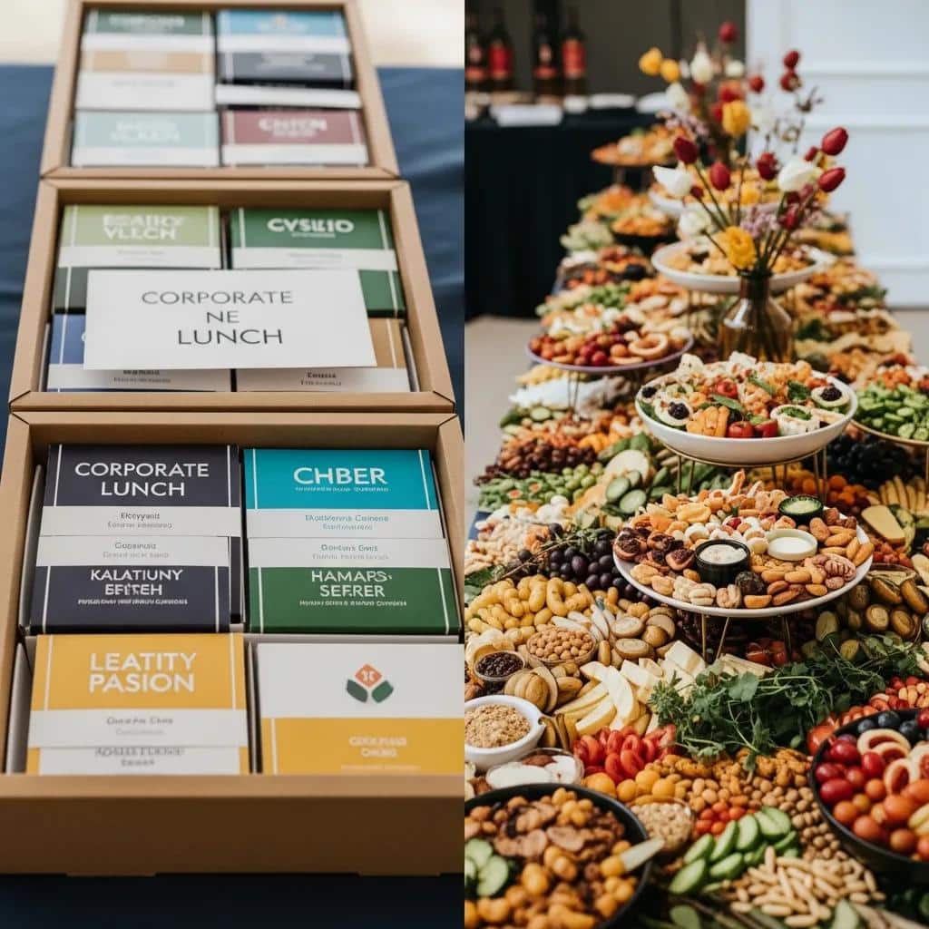 Side-by-side: boxed lunch for a meeting and a festive grazing table for an event