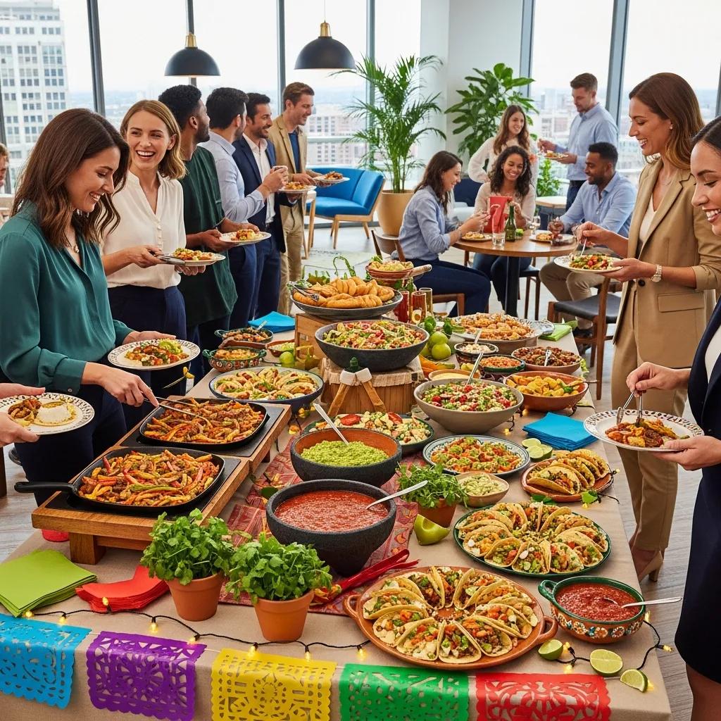 Corporate catering setup with authentic Mexican dishes in a modern office, enhancing employee morale and productivity
