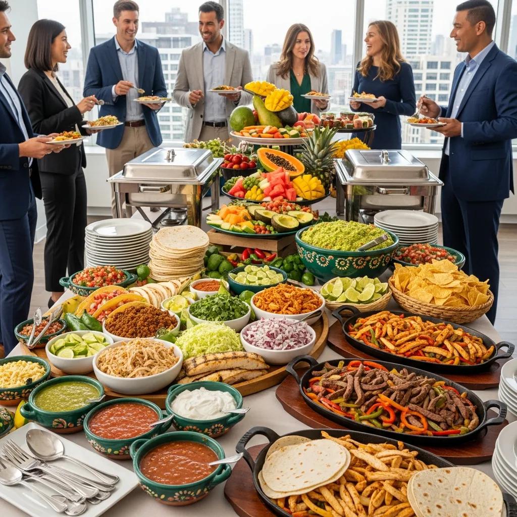 Corporate catering setup with authentic Mexican dishes in a professional environment