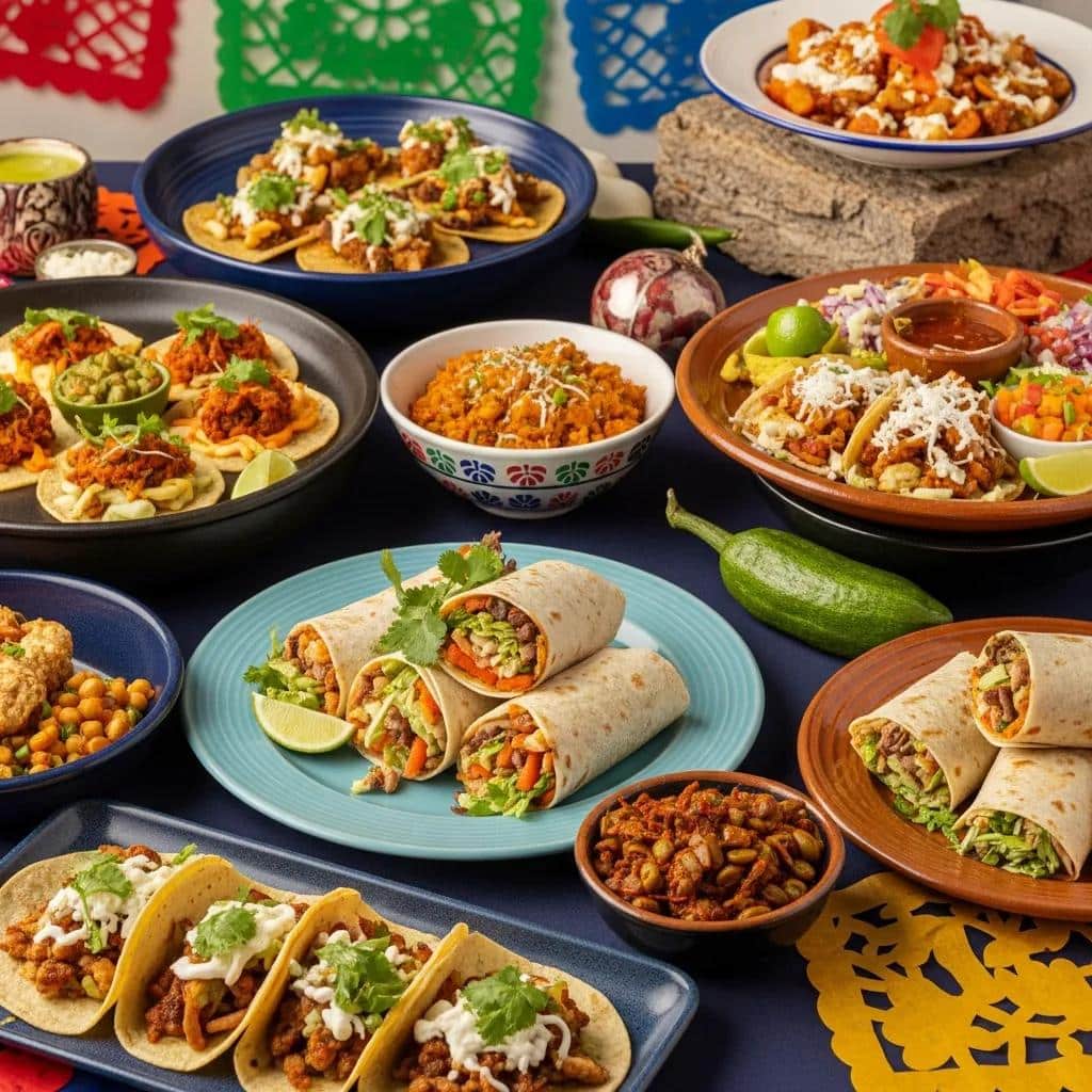 Corporate catering setup with authentic Mexican dishes including tacos and burritos, showcasing a vibrant and festive atmosphere