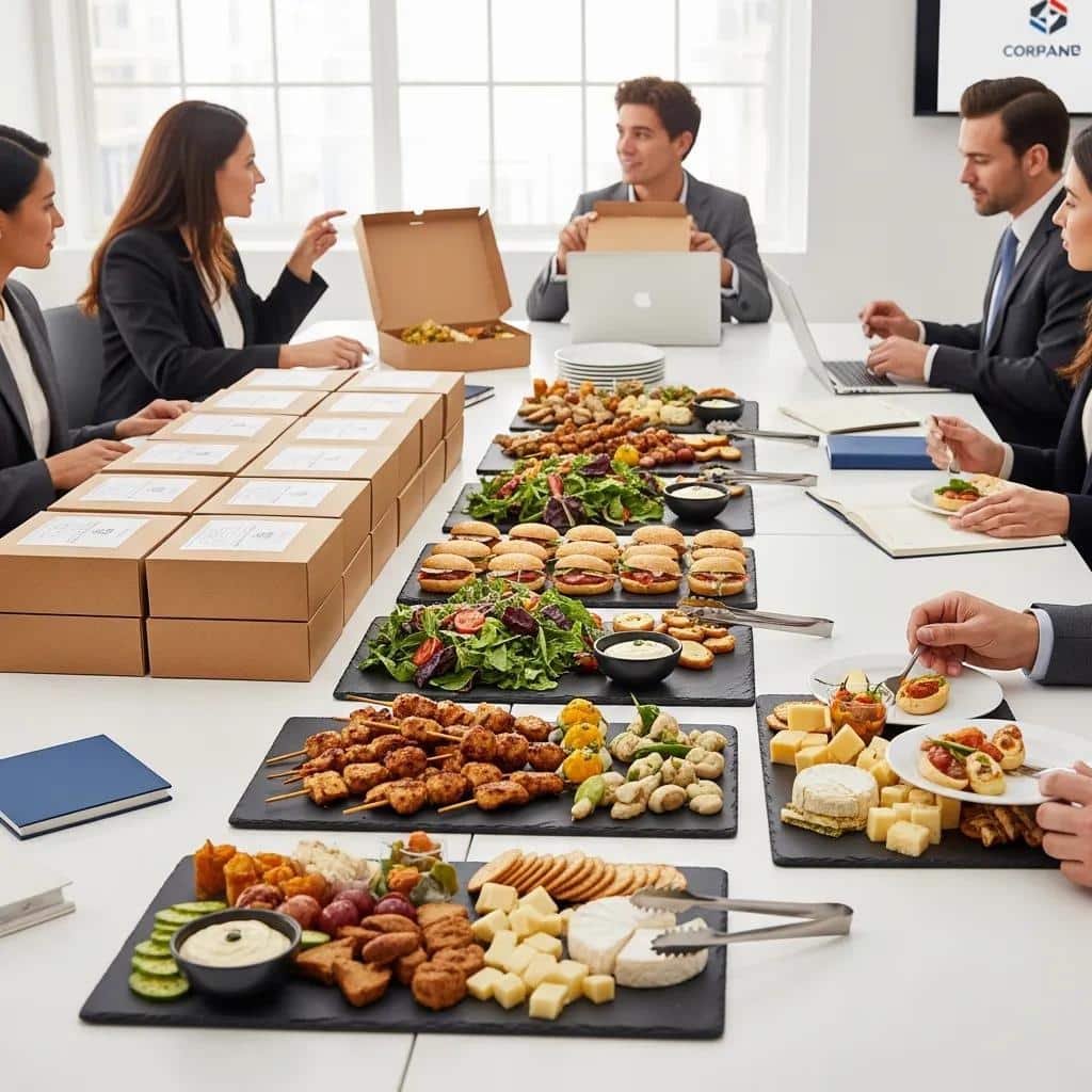 Corporate catering setup with boxed lunches and buffet platters in a business setting