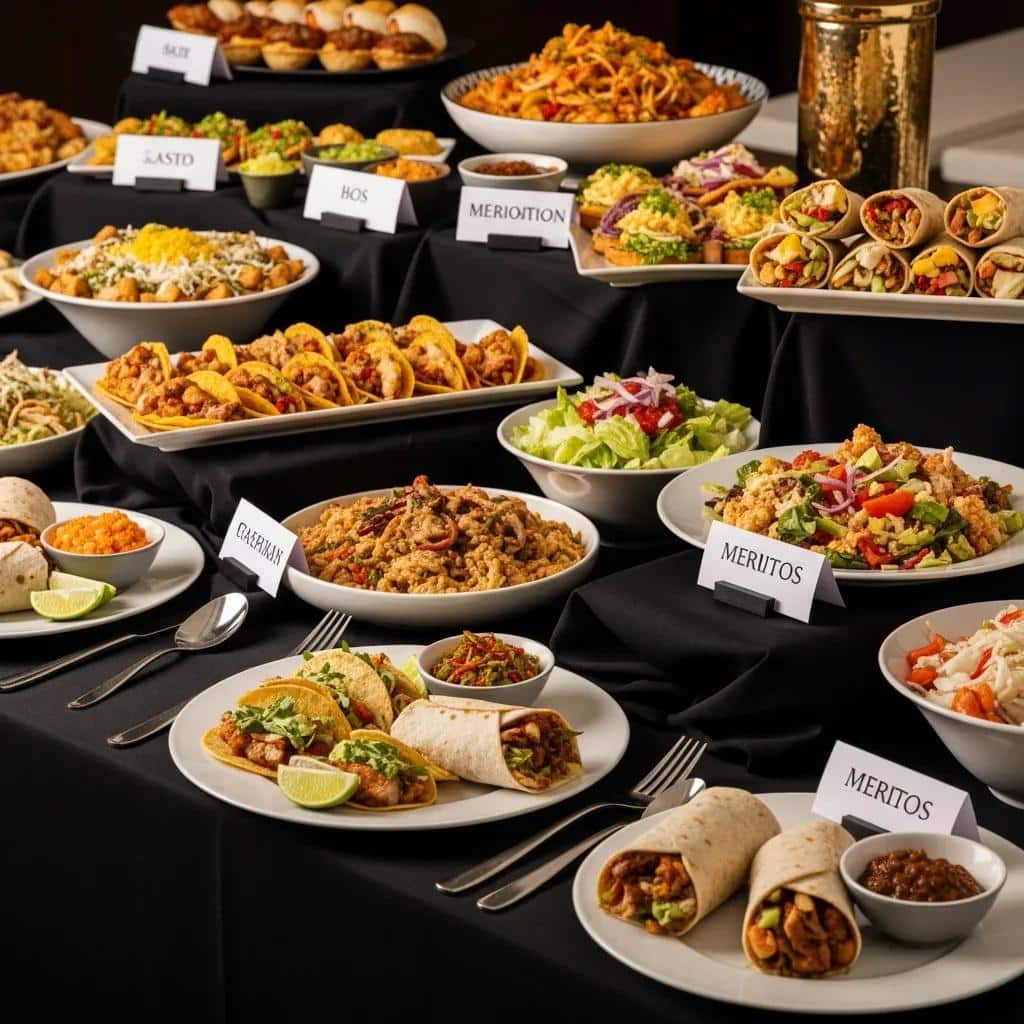 Corporate catering setup with Mexican dishes, showcasing variety and quality
