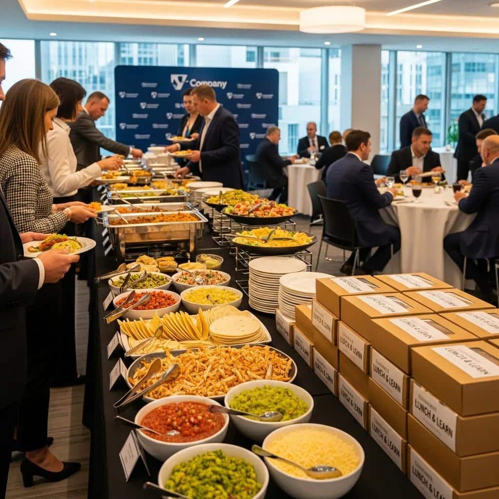 Corporate buffet setup featuring Mexican catering options like a taco bar and boxed lunches