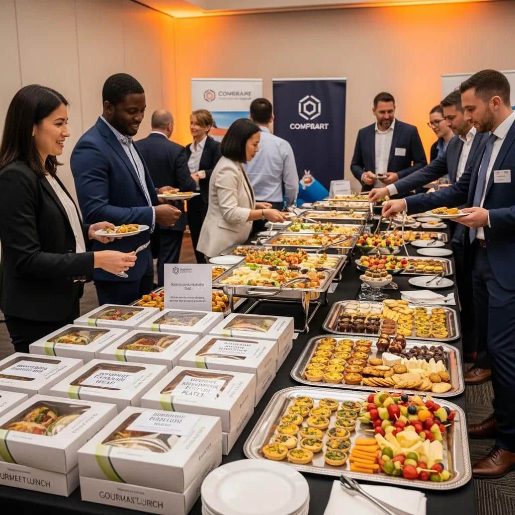 Boxed lunches and buffet trays arranged for corporate catering delivery