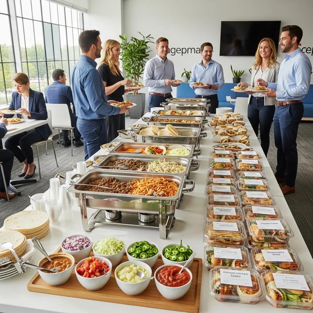 Professional lunch setup with a taco bar and boxed meals for a corporate event