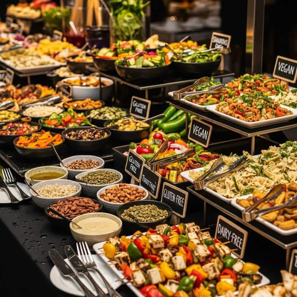 Clearly labeled catering stations offering vegan and gluten-free choices