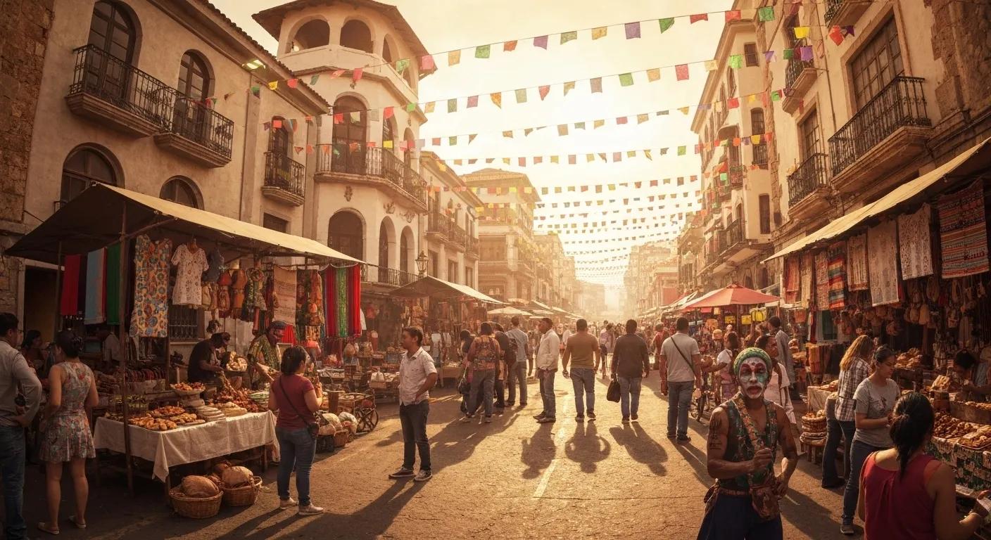 Colorful Mexican dishes on a rustic table in a warm restaurant setting