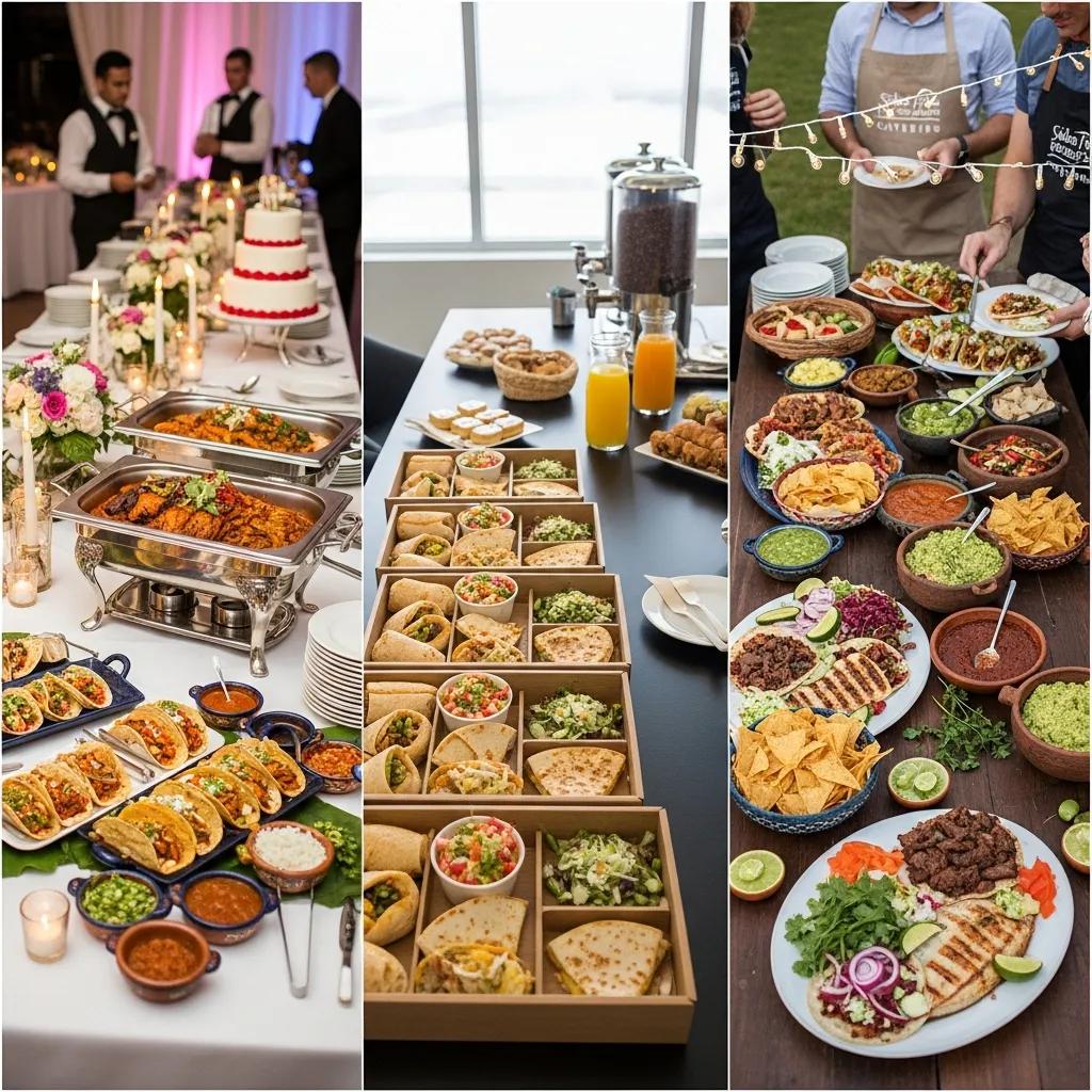 Catering setups for weddings, office events, and casual gatherings showing approachable Mexican dishes