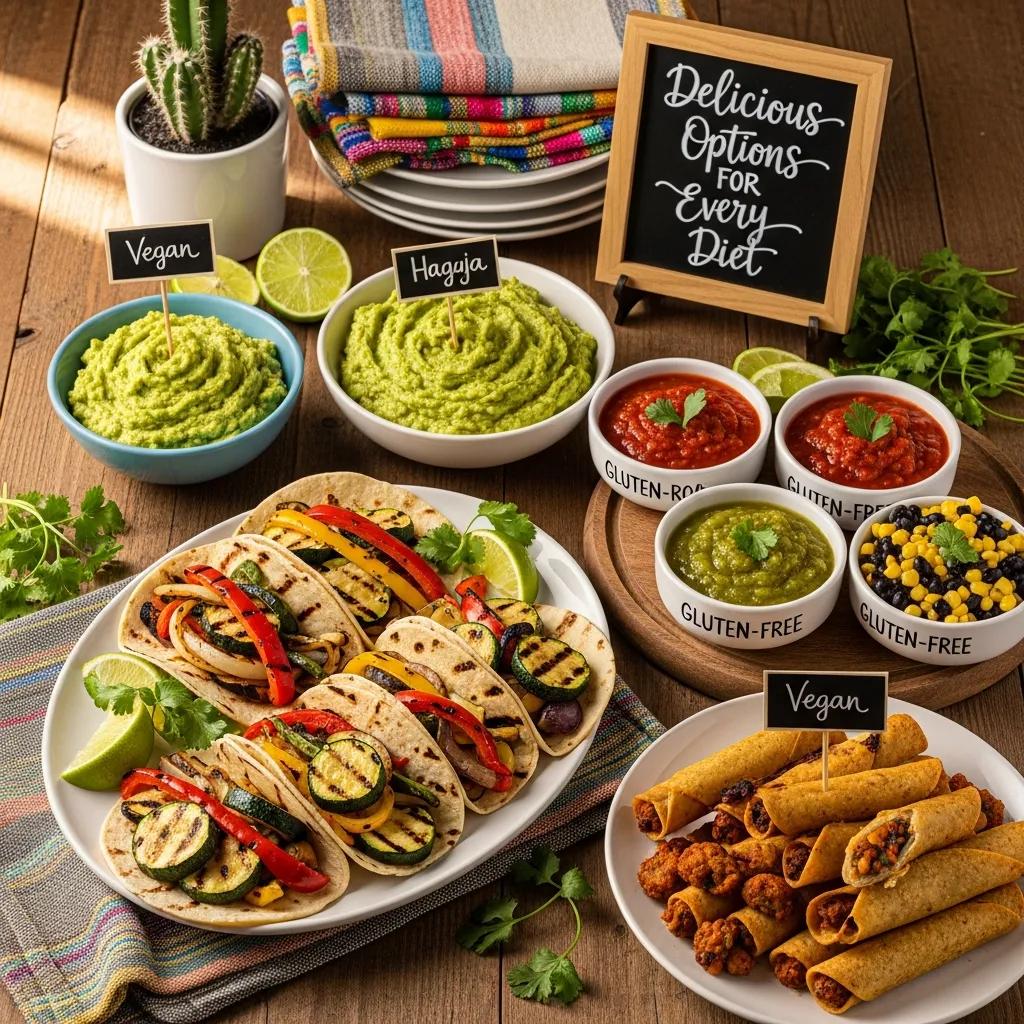 Assorted Mexican dishes labeled for vegan and gluten-free guests