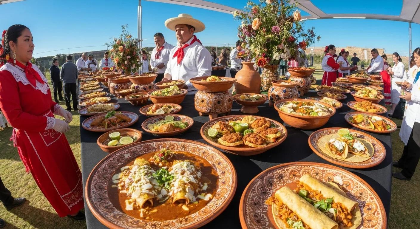 Catering setup from Esmeraldas 2.0 featuring traditional Mexican dishes at an event